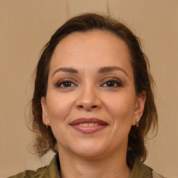 Joyful white adult female with medium  brown hair and brown eyes