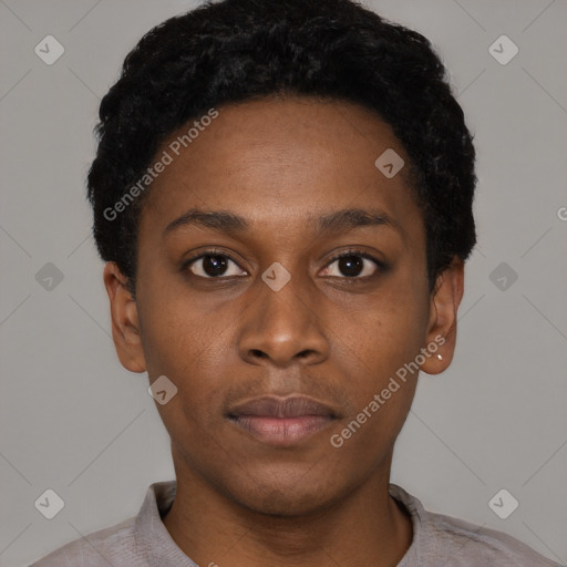 Neutral black young-adult female with short  black hair and brown eyes