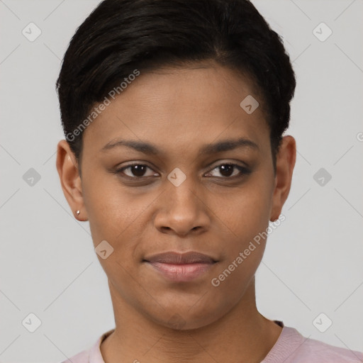 Joyful black young-adult female with short  brown hair and brown eyes