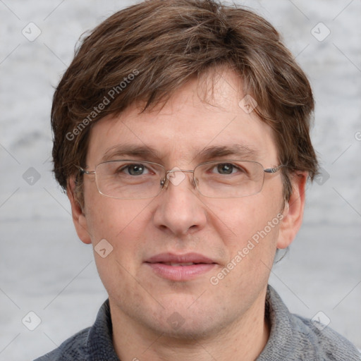 Joyful white adult male with short  brown hair and grey eyes