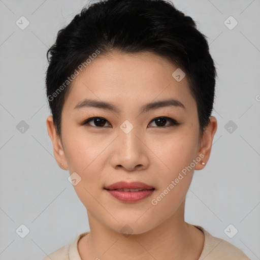 Joyful asian young-adult female with short  brown hair and brown eyes