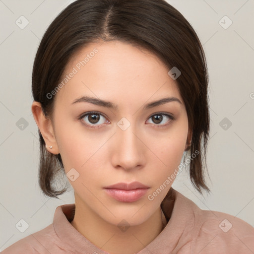 Neutral white young-adult female with medium  brown hair and brown eyes