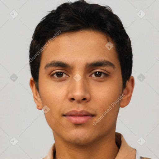 Neutral asian young-adult male with short  black hair and brown eyes