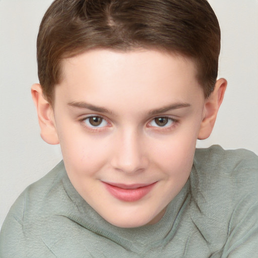 Joyful white child female with short  brown hair and brown eyes