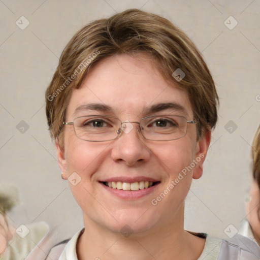 Joyful white young-adult female with medium  brown hair and blue eyes