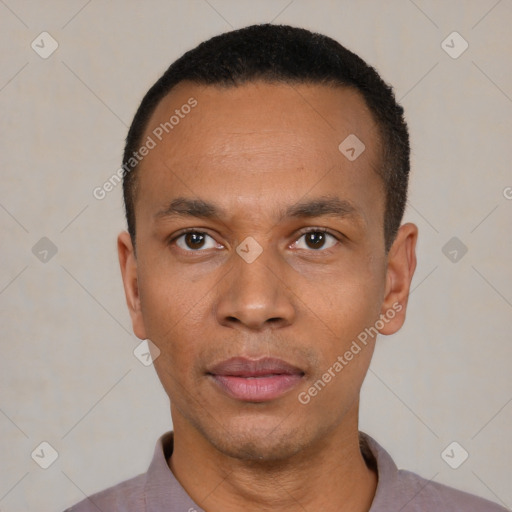 Neutral latino adult male with short  black hair and brown eyes