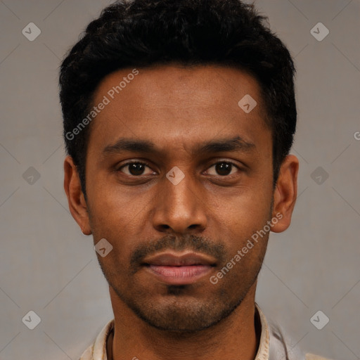 Neutral black young-adult male with short  black hair and brown eyes