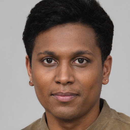 Neutral latino young-adult male with short  black hair and brown eyes