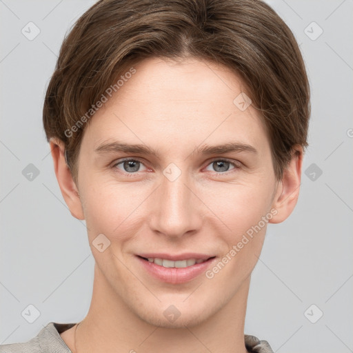 Joyful white young-adult female with short  brown hair and grey eyes