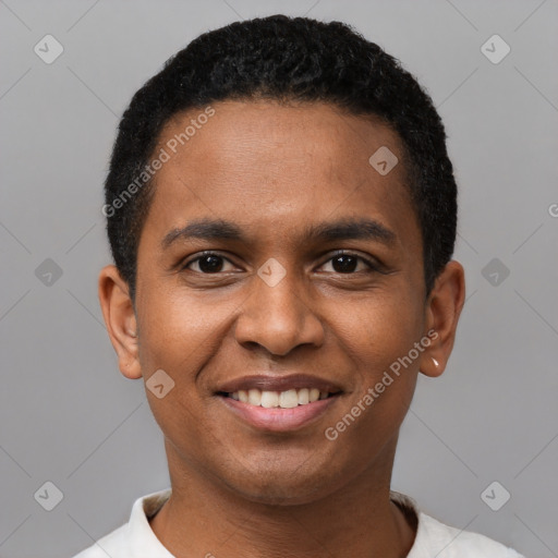 Joyful black young-adult male with short  black hair and brown eyes