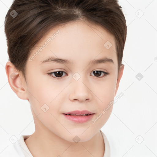 Joyful white child female with short  brown hair and brown eyes