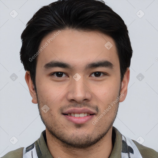 Joyful latino young-adult male with short  black hair and brown eyes