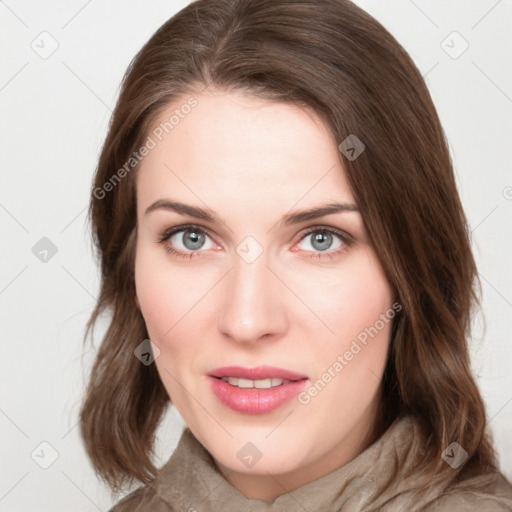 Joyful white young-adult female with medium  brown hair and green eyes