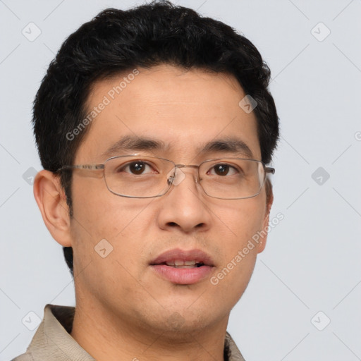 Neutral asian adult male with short  brown hair and brown eyes