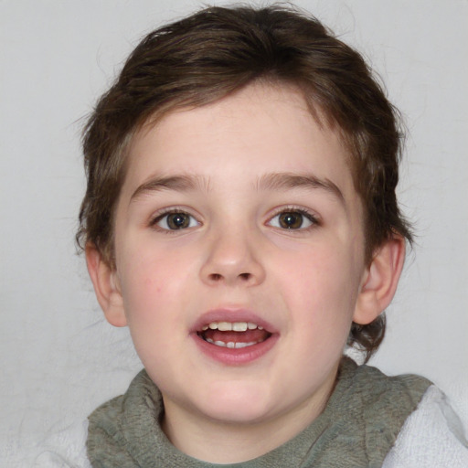 Joyful white child female with medium  brown hair and blue eyes