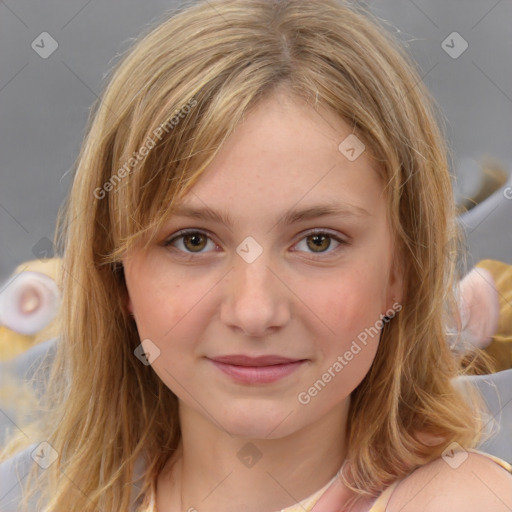 Joyful white child female with medium  brown hair and brown eyes