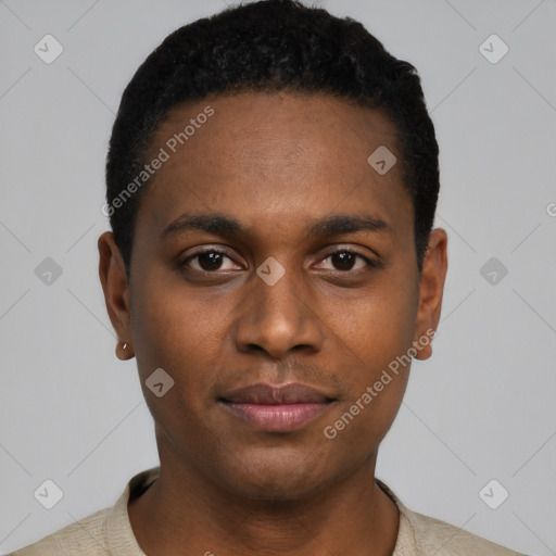 Neutral black young-adult male with short  black hair and brown eyes