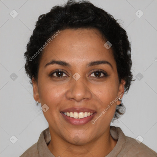 Joyful latino young-adult female with short  brown hair and brown eyes