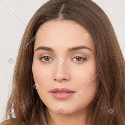 Neutral white young-adult female with long  brown hair and brown eyes