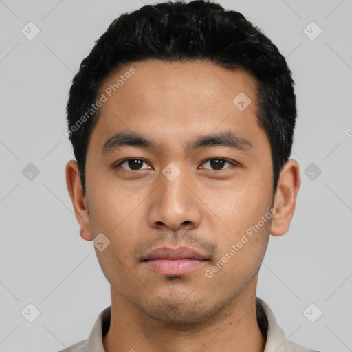 Neutral asian young-adult male with short  black hair and brown eyes