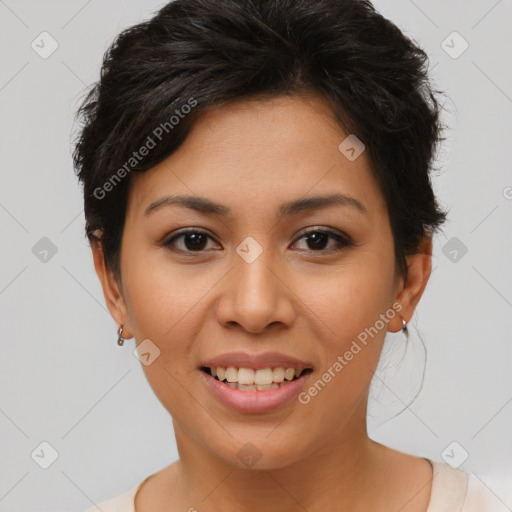 Joyful asian young-adult female with short  brown hair and brown eyes