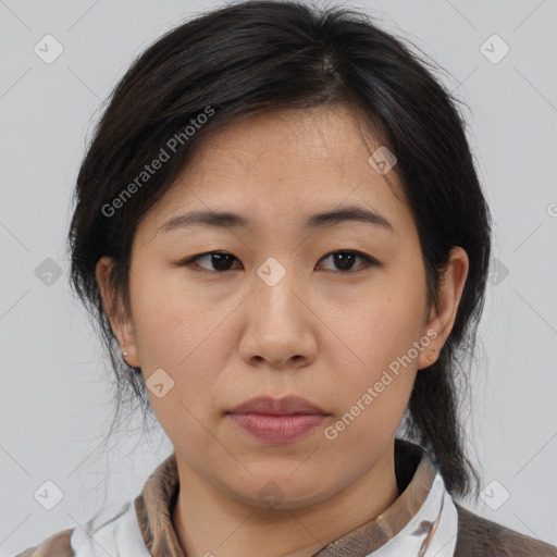 Neutral asian young-adult female with medium  brown hair and brown eyes