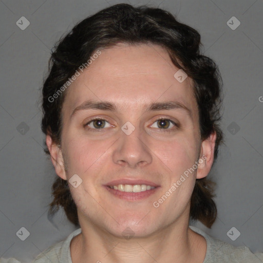 Joyful white young-adult female with medium  brown hair and green eyes