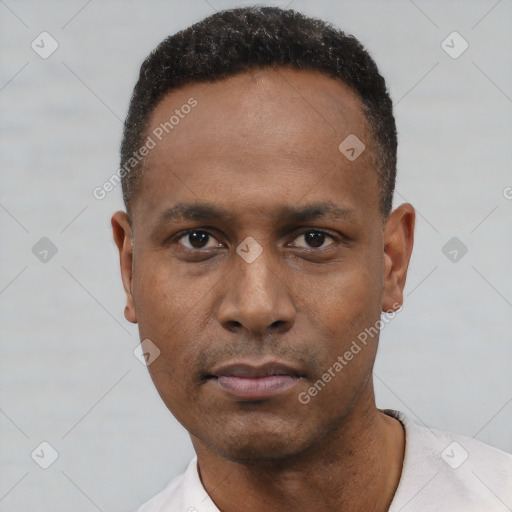 Neutral black young-adult male with short  black hair and brown eyes