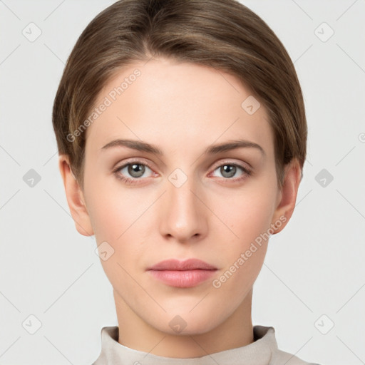 Neutral white young-adult female with short  brown hair and brown eyes