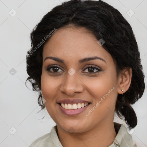 Joyful latino young-adult female with long  brown hair and brown eyes