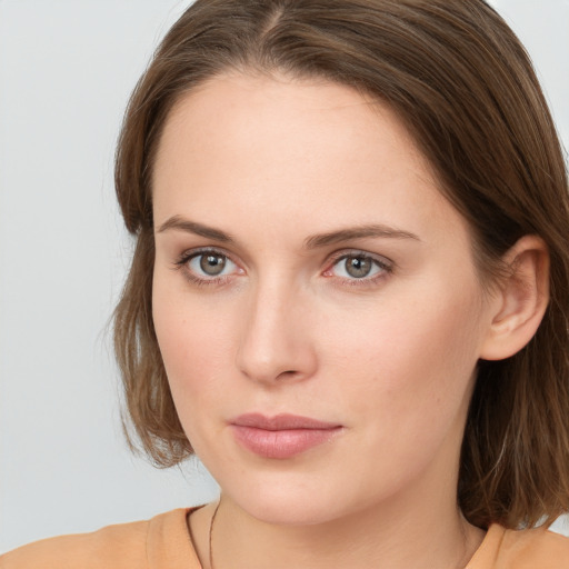 Neutral white young-adult female with long  brown hair and grey eyes