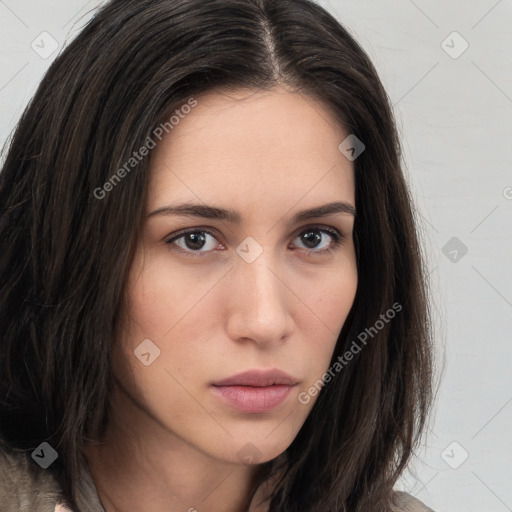 Neutral white young-adult female with long  brown hair and brown eyes