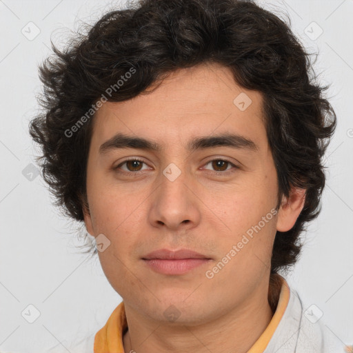 Joyful white young-adult male with medium  brown hair and brown eyes