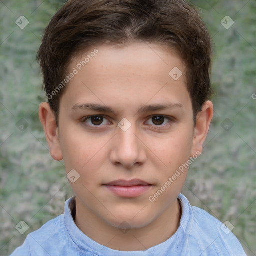 Joyful white child female with short  brown hair and brown eyes