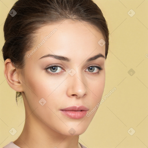 Neutral white young-adult female with medium  brown hair and brown eyes