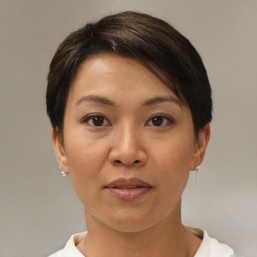 Neutral white adult female with short  brown hair and brown eyes