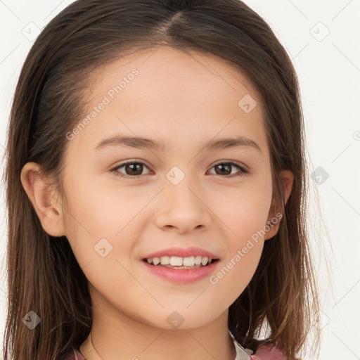 Joyful white child female with long  brown hair and brown eyes