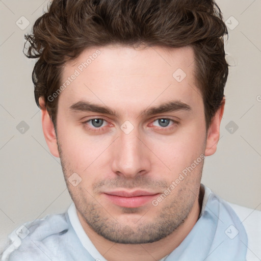 Neutral white young-adult male with short  brown hair and grey eyes