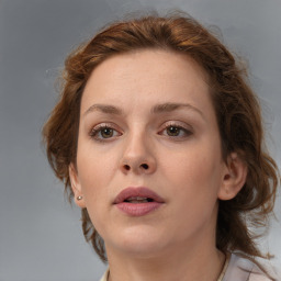 Neutral white young-adult female with medium  brown hair and brown eyes