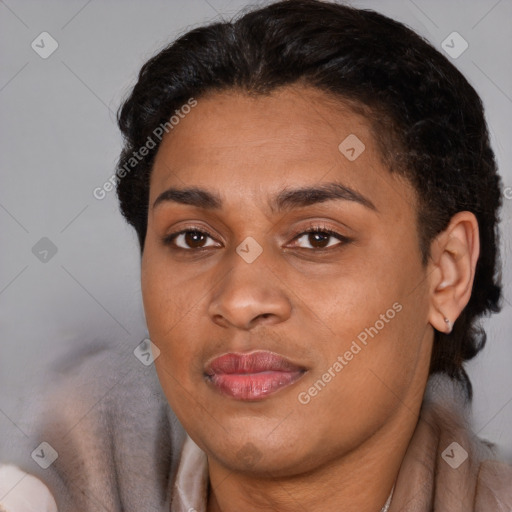 Joyful latino young-adult female with short  black hair and brown eyes