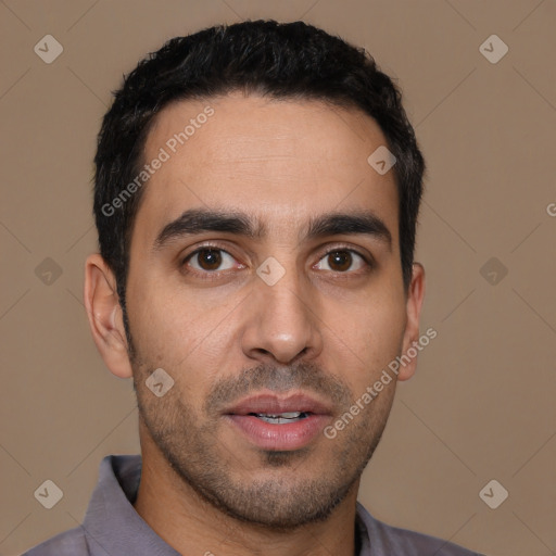 Neutral latino young-adult male with short  black hair and brown eyes
