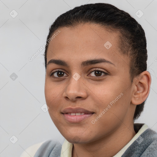 Joyful white young-adult female with short  brown hair and brown eyes