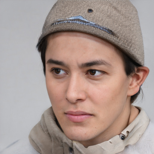 Neutral asian young-adult male with short  brown hair and brown eyes