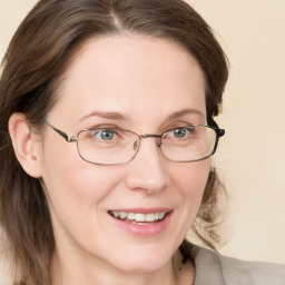 Joyful white adult female with medium  brown hair and blue eyes