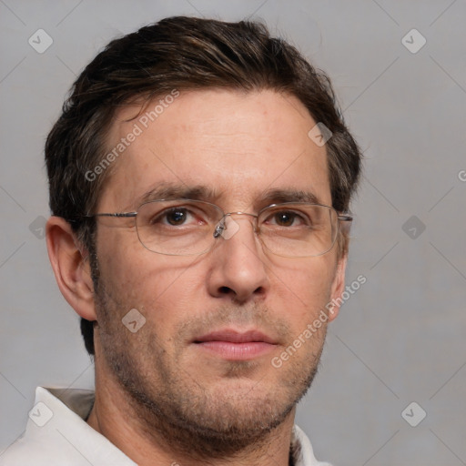 Neutral white adult male with short  brown hair and brown eyes