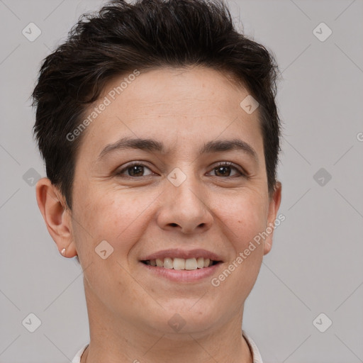 Joyful white young-adult female with short  brown hair and brown eyes