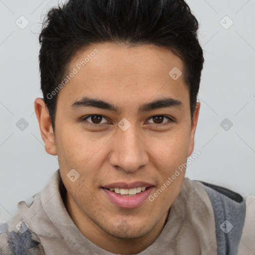 Joyful latino young-adult male with short  brown hair and brown eyes