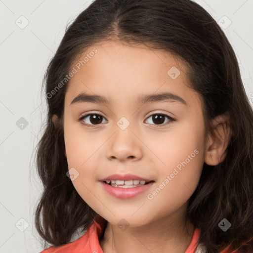 Joyful white child female with long  brown hair and brown eyes