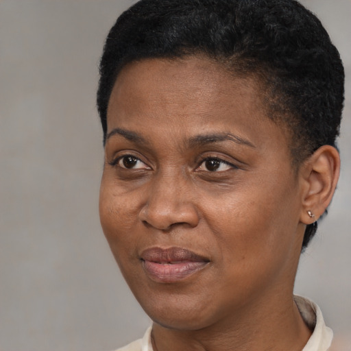 Joyful black adult female with short  brown hair and brown eyes