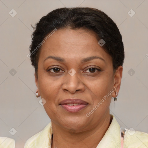 Joyful latino adult female with short  brown hair and brown eyes